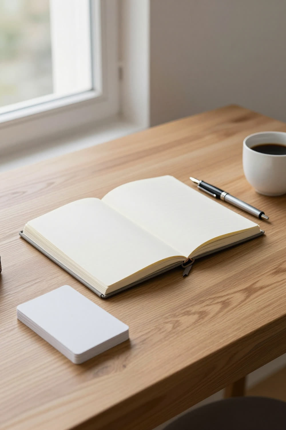 An open blank notebook, a stack of index cards and a cup of coffee on an oak desk in morning light